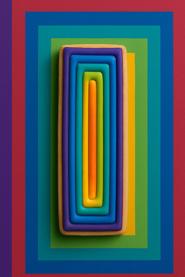 Colorful layered decorated cookie  on a multicolored background from a 5 inch Cookie Stick Metal Cookie Cutter
