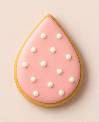 Decorated cookie shaped like a teardrop with pink icing and white pearls on a light background.
