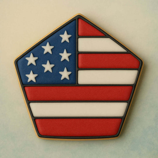 Pentagon cookie with American flag design on a light background from a 3 inch Pentagon Metal Cookie Cutter