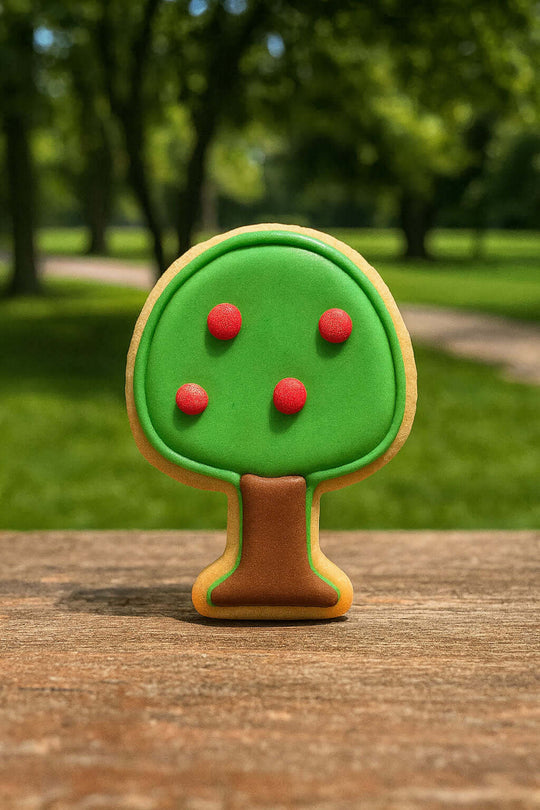 Tree-shaped cookie with green top and brown trunk on a wooden surface with a park background from a 4.25 inch Apple Tree Metal Cookie Cutter