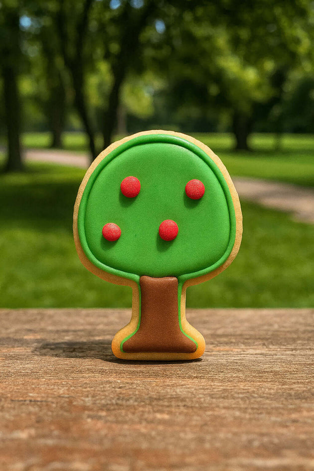 Tree-shaped cookie with green top and brown trunk on a wooden surface with a park background from a 4.25 inch Apple Tree Metal Cookie Cutter