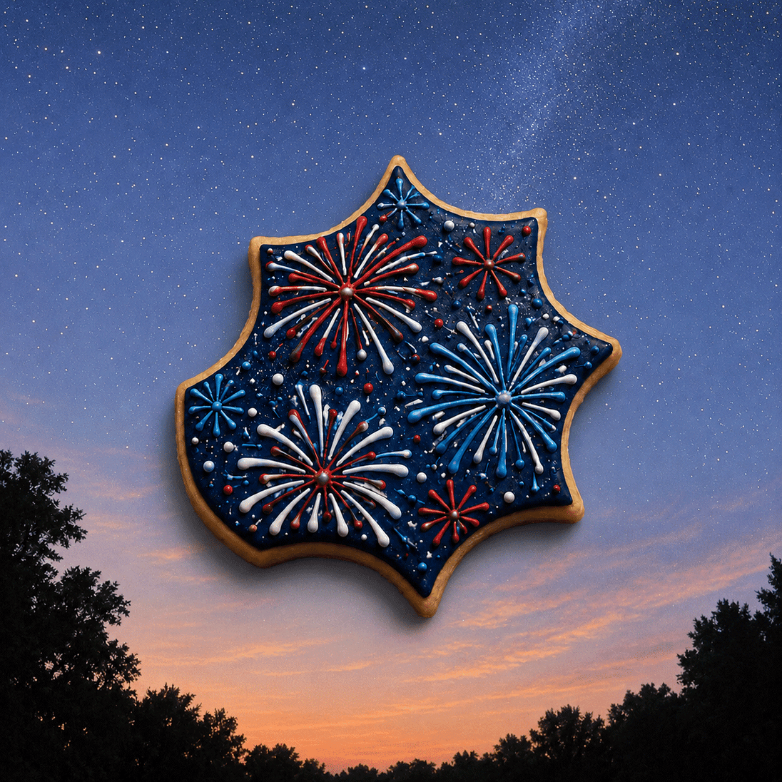 Decorative cookie with firework design against a night sky with trees from a 3.25 inch Pow Bam Smack Comic Book Words Metal Cookie Cutter