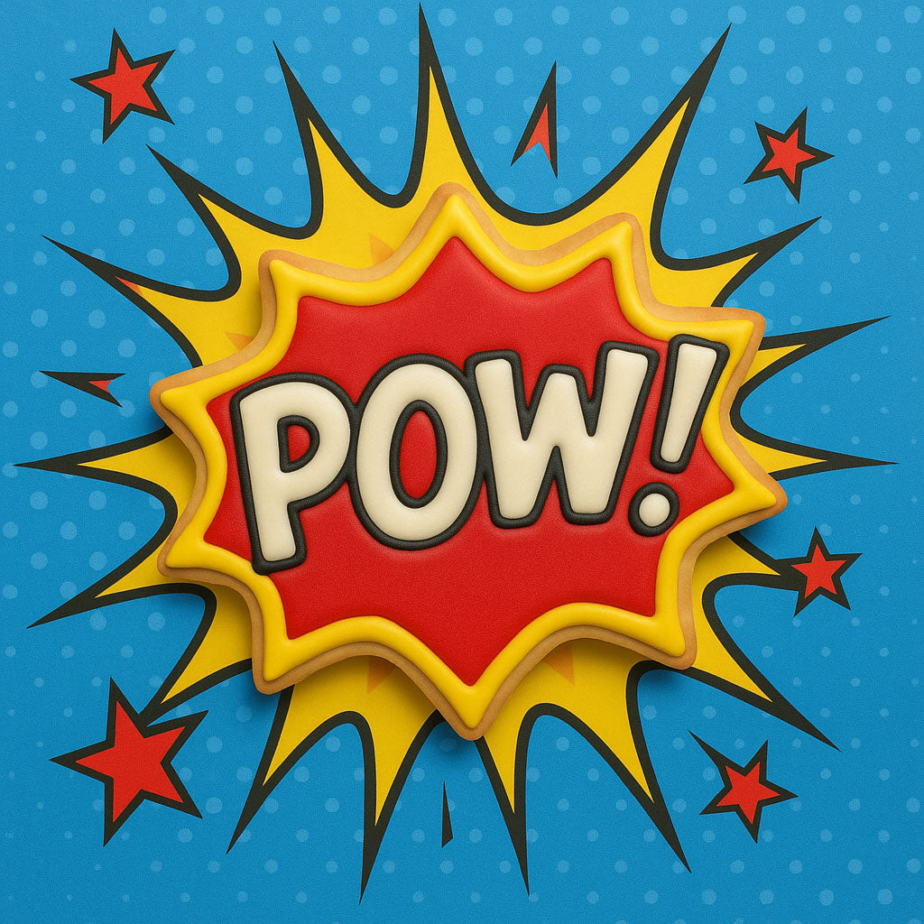 Comic-style 'POW!' sound effect on a blue background with red stars from a 3.25 inch Pow Bam Smack Comic Book Words Metal Cookie Cutter