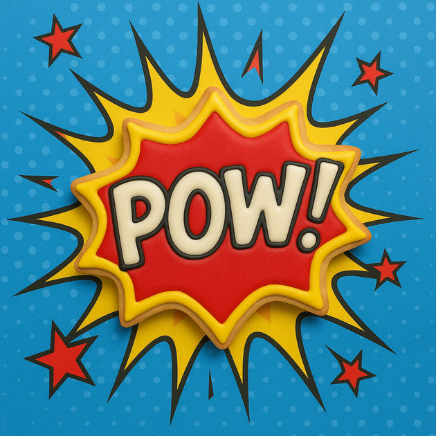 Comic-style 'POW!' sound effect on a blue background with red stars from a 3.25 inch Pow Bam Smack Comic Book Words Metal Cookie Cutter