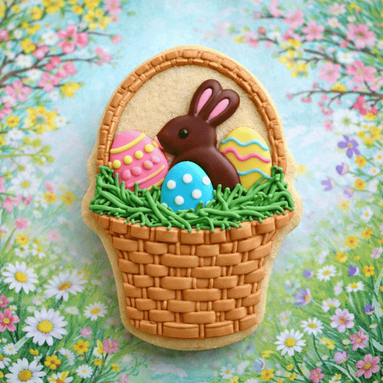 Decorative cookie shaped like an Easter basket with a chocolate bunny and eggs on a floral background from a 4.5 inch Easter Basket Metal Cookie Cutter