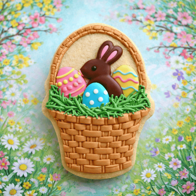 Decorative cookie shaped like an Easter basket with a chocolate bunny and eggs on a floral background from a 4.5 inch Easter Basket Metal Cookie Cutter