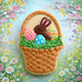 Decorative cookie shaped like an Easter basket with a chocolate bunny and eggs on a floral background from a 4.5 inch Easter Basket Metal Cookie Cutter