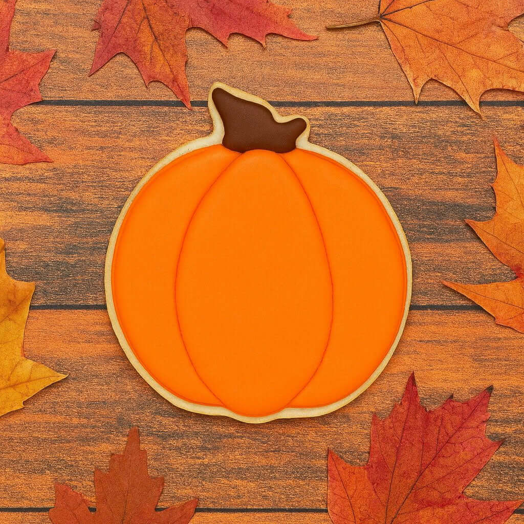 Pumpkin-shaped cookie on a wooden surface with autumn leaves from a 4 inch Pumpkin Metal Cookie Cutter