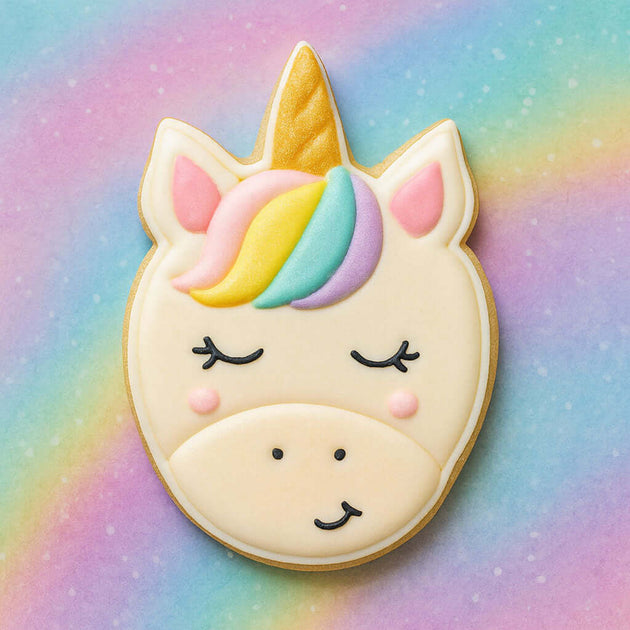 Unicorn-shaped cookie with colorful mane on a rainbow background from a 4.5 inch Unicorn Head Metal Cookie Cutter