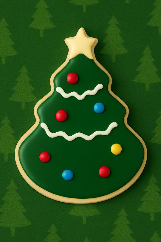 Christmas tree-shaped cookie with colorful candies on a green background from a 4 inch Tree with Star Metal Cookie Cutter