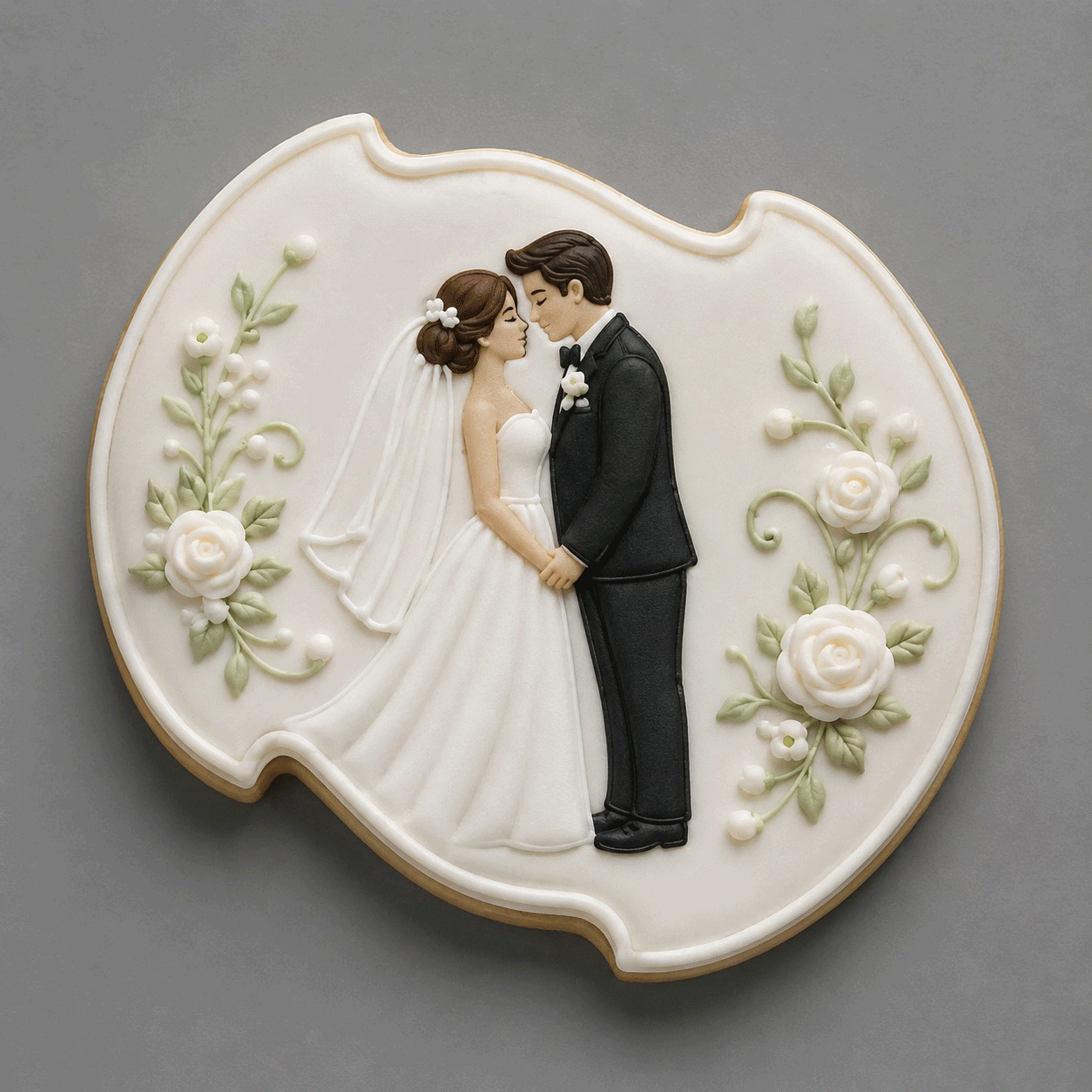 Decorative cookie with a bride and groom design on a gray background from a  4.75 inch Plaque or Frame Metal Cookie Cutter