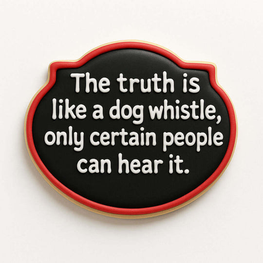 4.5 inch Plaque Metal Cookie Cutter with black background and white text: 'The truth is like a dog whistle, only certain people can hear it.'
