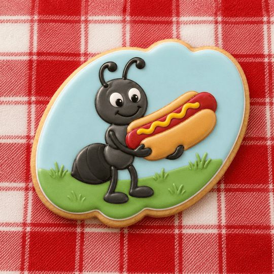 A cookie with an ant holding a hot dog made from a 4.5 inch Plaque Metal Cookie Cutter