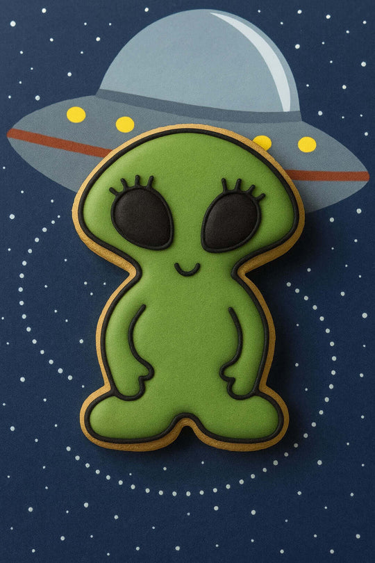 Alien shaped cookie from a 4 inch Alien Extra-Terrestrial Metal Cookie Cutter