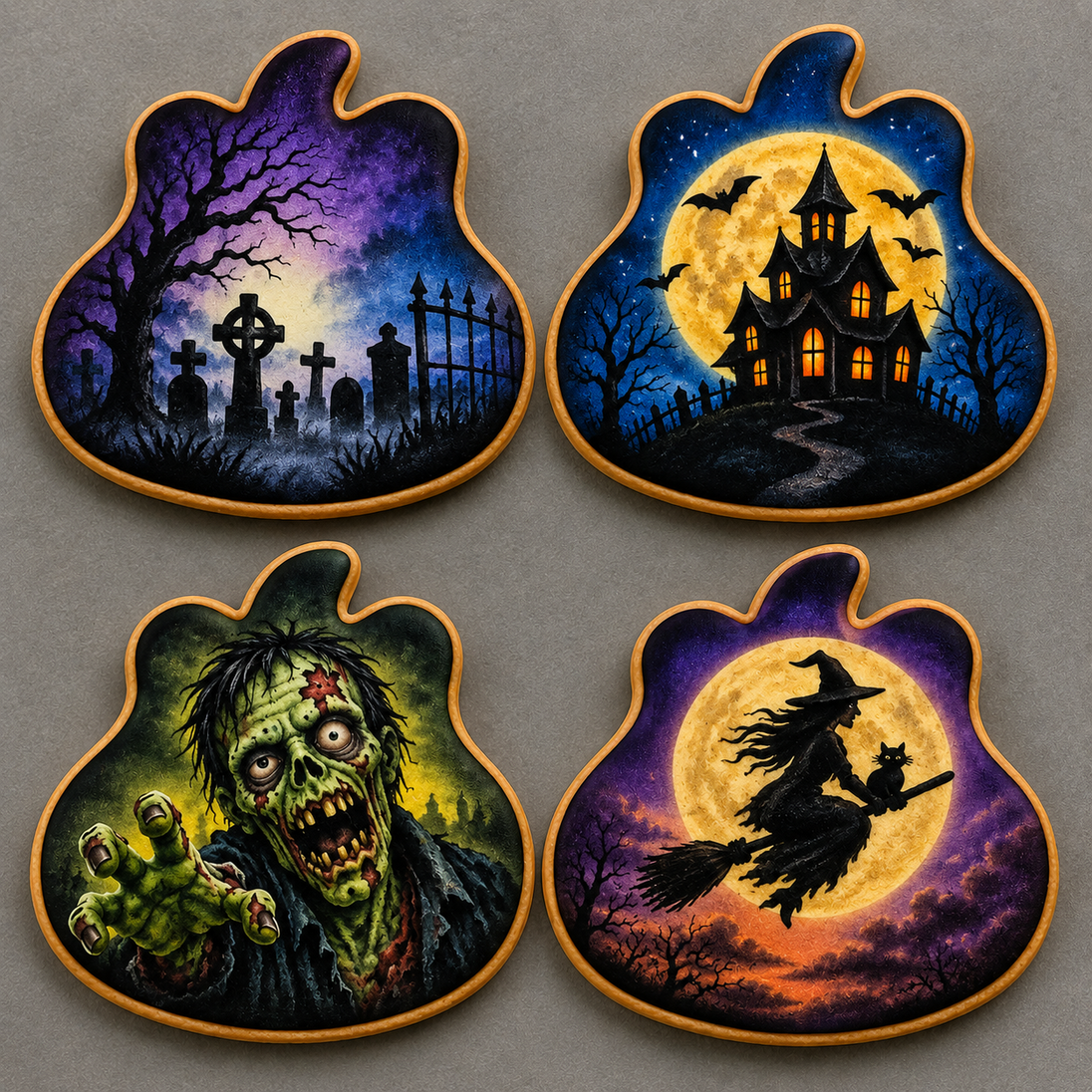 Four Halloween-themed pumpkin-shaped coasters arranged in a 2x2 grid on a gray background. The designs include a graveyard with crosses and bare trees, a haunted house under a full moon, a green zombie face reaching forward, and a witch riding a broomstick with a cat under a glowing moon from a 3.5 inch Pumpkin Metal Cookie Cutter