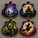 Four Halloween-themed pumpkin-shaped coasters arranged in a 2x2 grid on a gray background. The designs include a graveyard with crosses and bare trees, a haunted house under a full moon, a green zombie face reaching forward, and a witch riding a broomstick with a cat under a glowing moon from a 3.5 inch Pumpkin Metal Cookie Cutter