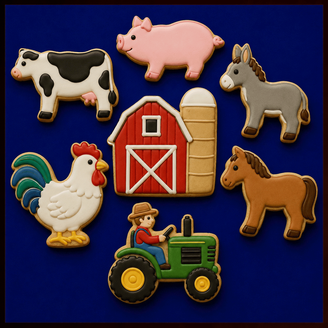 A set of farm-themed sugar cookies arranged on a dark blue background, from a Set of Farm Metal Cookie Cutters