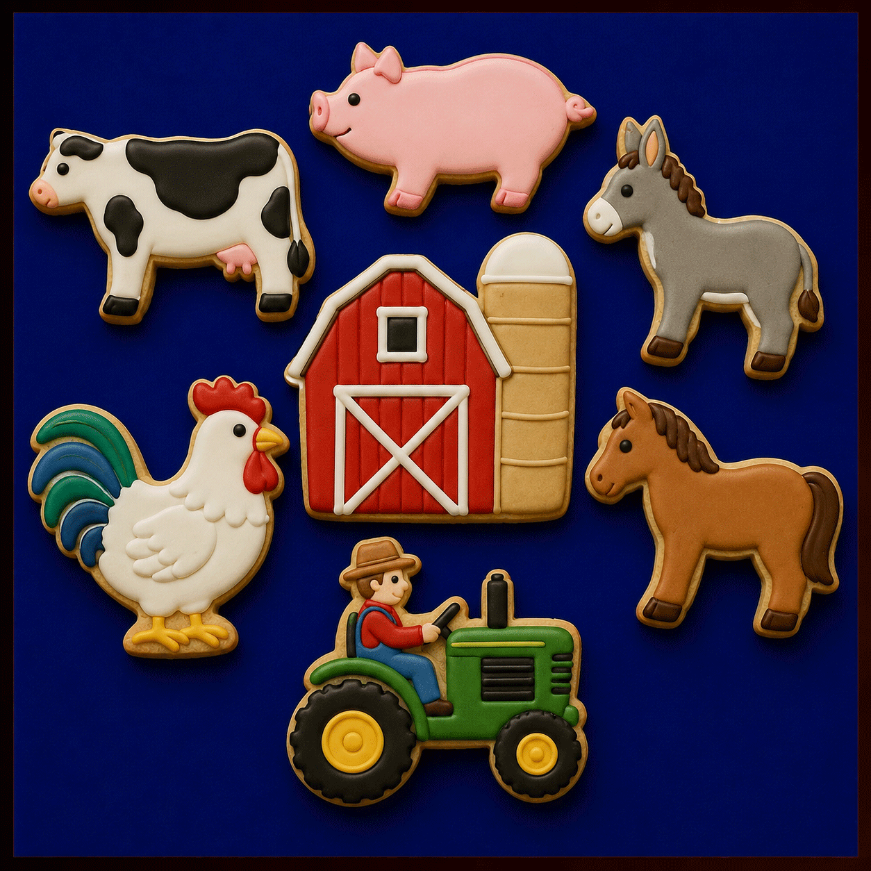 A set of farm-themed sugar cookies arranged on a dark blue background, from a Set of Farm Metal Cookie Cutters