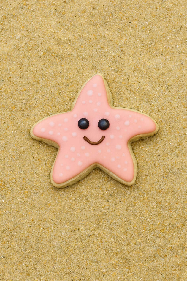 1.75 inch Mini Folk Star or Starfish Metal Cookie Cutter shaped cookie on sandy background.