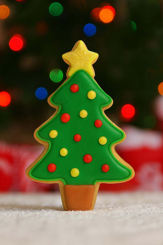 2 inch Mini Tree with Star Metal Cookie Cutter, decorated Christmas tree cookie with colorful ornaments.