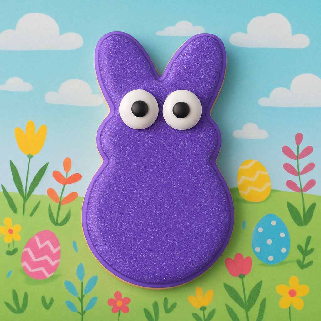 Purple Easter bunny cookie with a colorful background of flowers and eggs from a 2 inch Mini Easter Bunny Rabbit Peep Metal Cookie Cutter