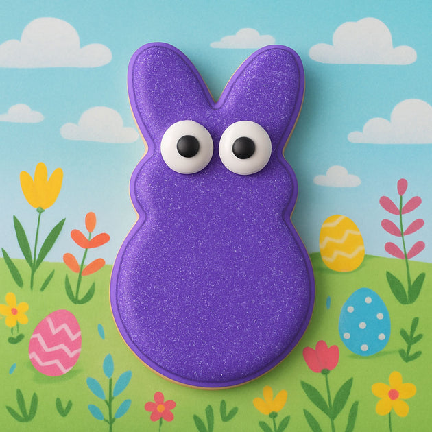 Purple Easter bunny cookie with a colorful background of flowers and eggs from a 2 inch Mini Easter Bunny Rabbit Peep Metal Cookie Cutter