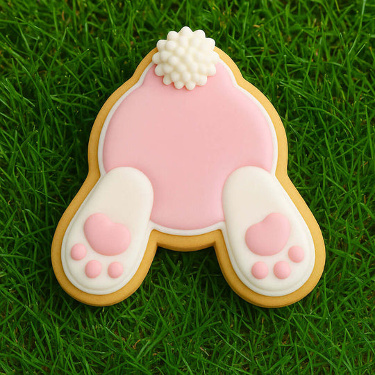 Decorative cookie shaped like a rabbit on grass from a 2 inch Mini Bunny Butt Metal Cookie Cutter