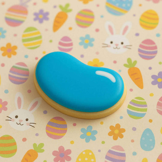 Blue and yellow jellybean on a colorful Easter-themed background from a 3.5 inch Jellybean Metal Cookie Cutter