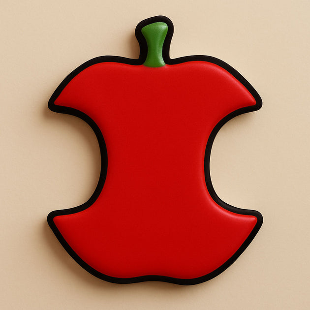 Red apple-shaped object with a green stem on a beige background from a 2 inch Mini Apple Core Metal Cookie Cutter
