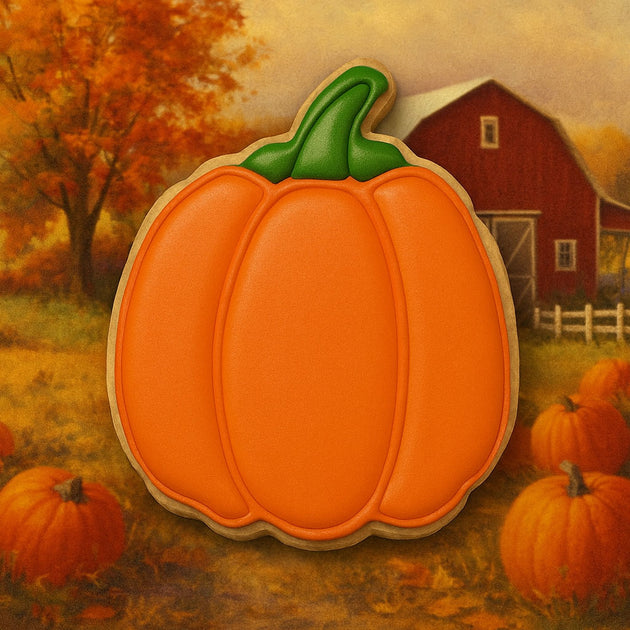 Cookie from a 2 inch Mini Pumpkin Metal Cookie Cutter on a farm background