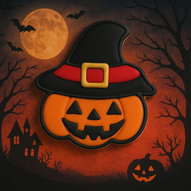 Halloween-themed cookie with pumpkin face and witch hat against a dark background with moon and bats from a  2 inch Mini Pumpkin in Hat Metal Cookie Cutter