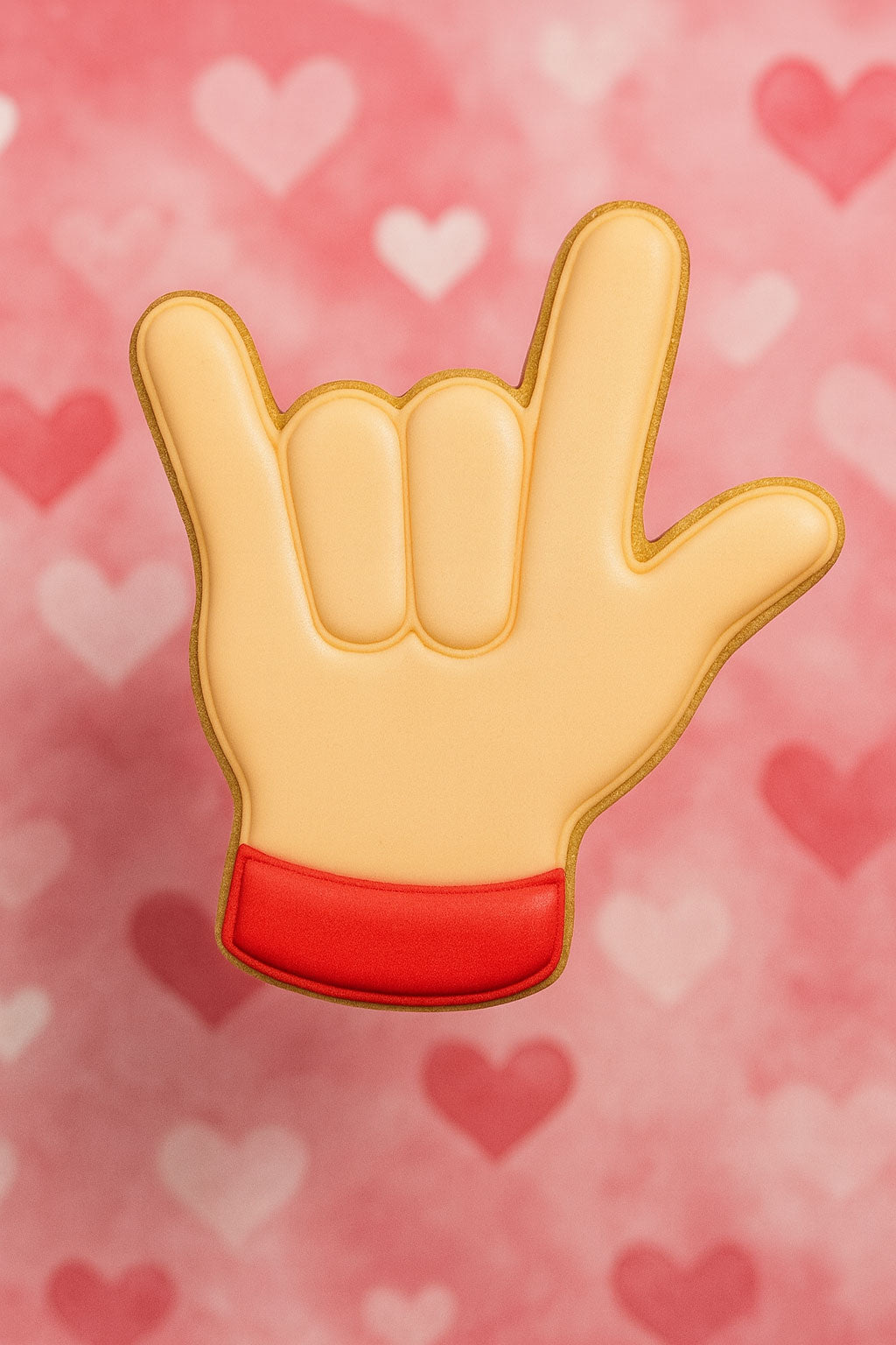 Hand sign emoji with red base on a pink background with heart shapes from a 2.25 inch Mini Love Sign Language Metal Cookie Cutter