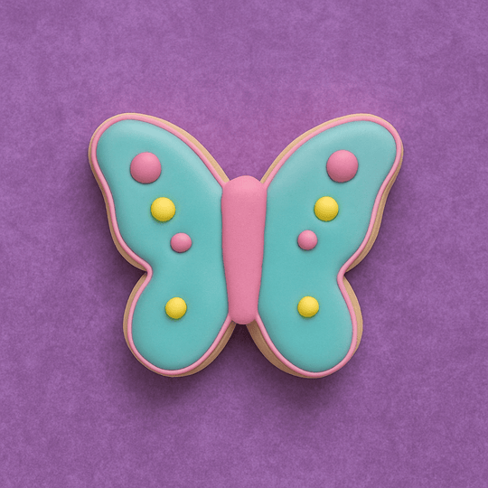 Butterfly-shaped cookie with pink, blue, and yellow icing on a purple background from a 2 inch Mini Butterfly Metal Cookie Cutter