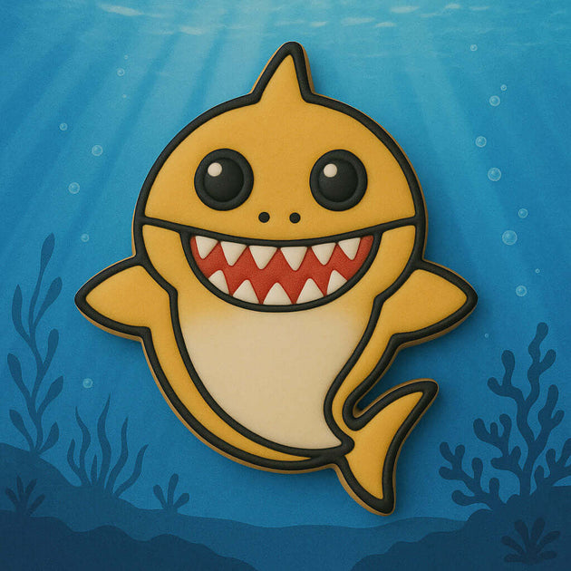 Cartoon shark character on a blue underwater background