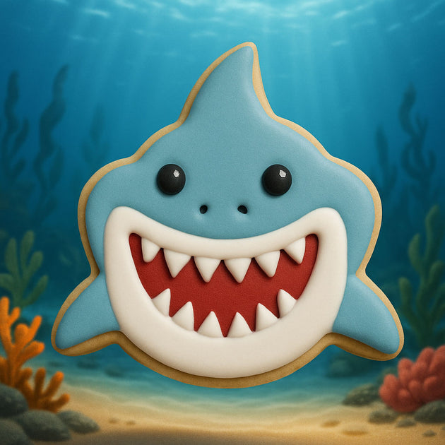 Shark-shaped cookie with a blue body, white teeth, and red mouth on a background of underwater scenery from a 2 inch Mini Shark Metal Cookie Cutter