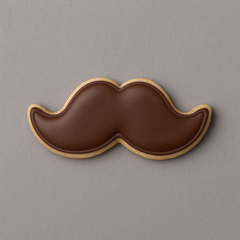 Cookie shaped like a mustache on a gray background from a 2 inch Mini Mustache Metal Cookie Cutter