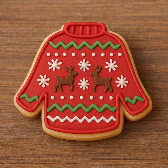 Red sweater-shaped cookie with reindeer and snowflake decorations on a wooden surface from a 2 inch Mini Ugly Sweater Metal Cookie Cutter