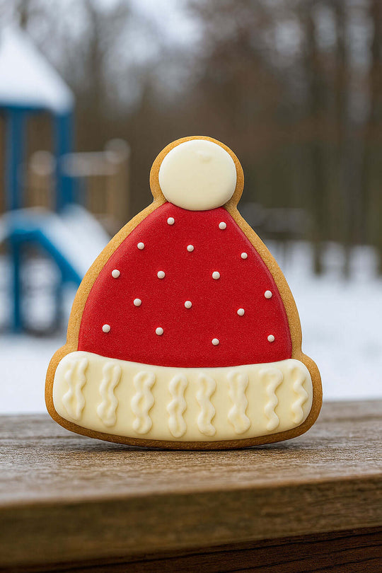 Decorative cookie shaped like a Santa hat on a wooden surface with a blurred outdoor background from a 2 inch Mini Winter Hat Metal Cookie Cutter
