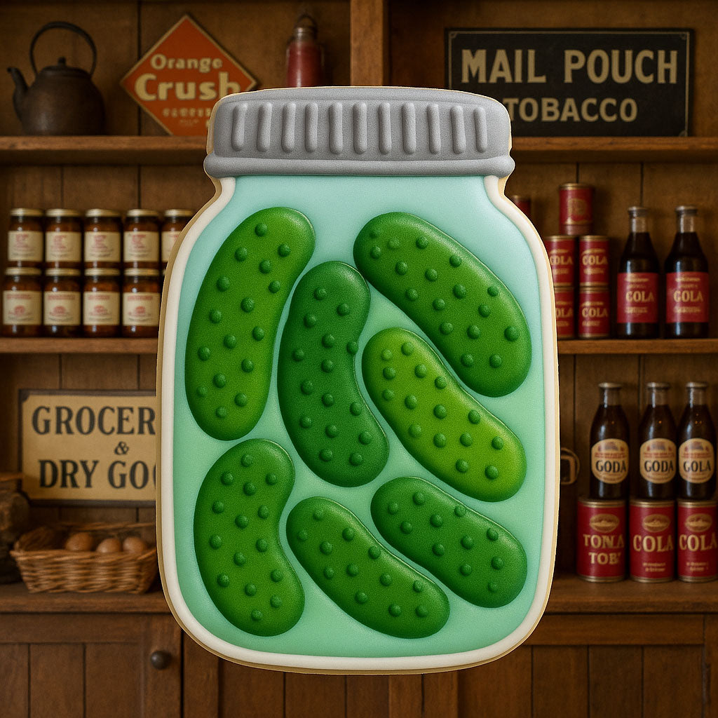 Decorative pickles in a jar on a wooden shelf with vintage items from a 2 inch Mini Mason Jar Metal Cookie Cutter