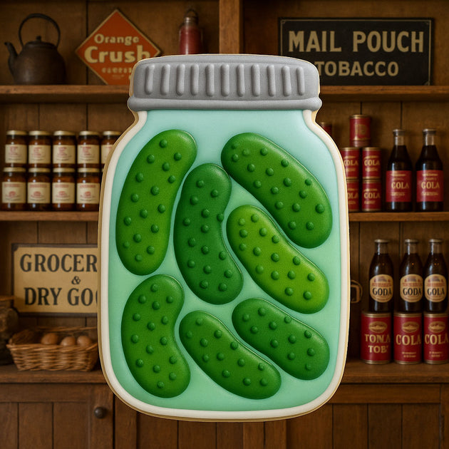 Decorative pickles in a jar on a wooden shelf with vintage items from a 2 inch Mini Mason Jar Metal Cookie Cutter