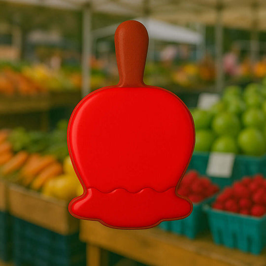 Red candy apple shaped tool in a grocery store setting from our 2 inch Mini Candy Apple Metal Cookie Cutter