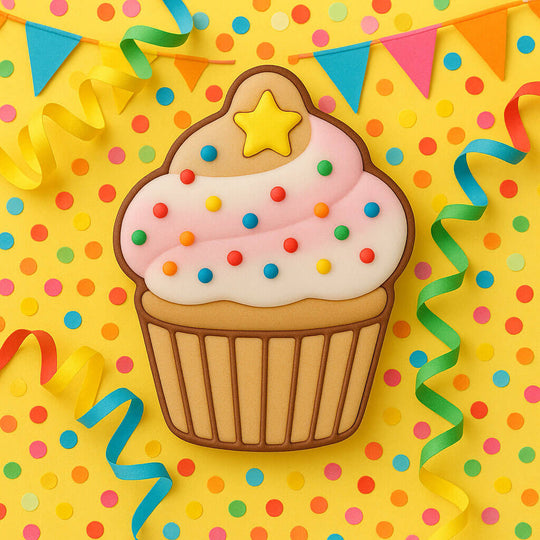 Colorful cupcake with sprinkles on a yellow background with polka dots and party decorations from our 2 inch Mini Cupcake Metal Cookie Cutter