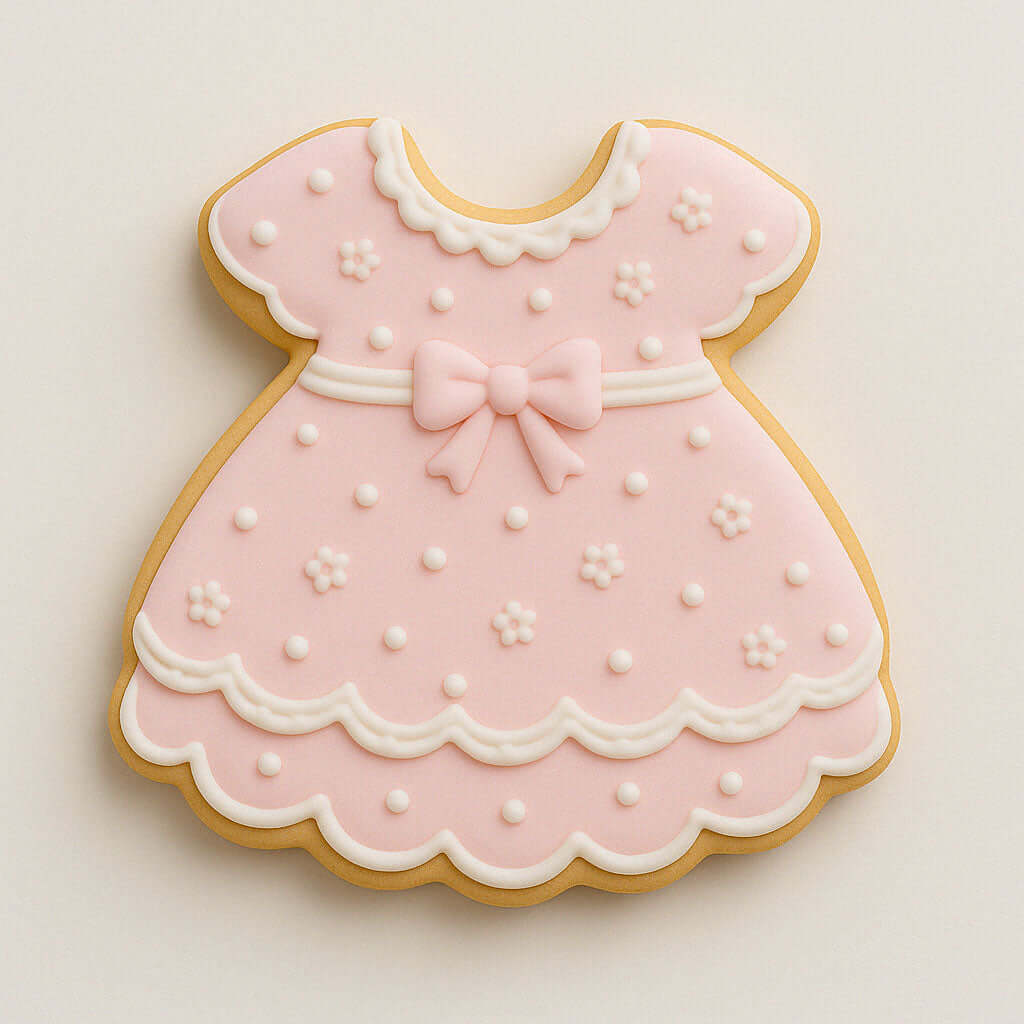 Cookie shaped like a pink dress with white details on a light beige background from a 2 inch Mini Baby Dress Metal Cookie Cutter 