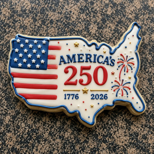 Cookie shaped like the United States with American flag design and 'America's 250' text on a textured surface from a 4.5 inch Map of the USA Metal Cookie Cutter