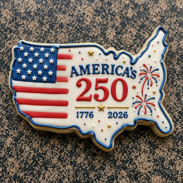 Cookie shaped like the United States with American flag design and 'America's 250' text on a textured surface from a 4.5 inch Map of the USA Metal Cookie Cutter
