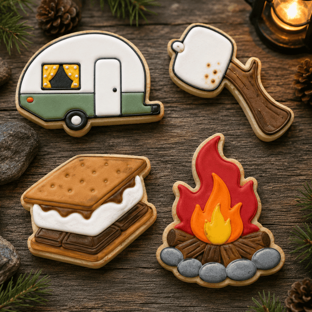 Decorated cookies from a Set of 4 Camping Related Metal Cookie Cutters