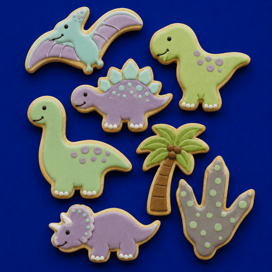 Decorative cookies shaped like dinosaurs and a palm tree on a blue background from a  Set of Dinosaur Metal Cookie Cutters