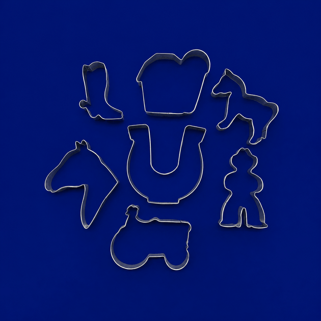 Set of metal cookie cutters with horse and cowboy designs on a blue background from a  Set of Ranch Metal Cookie Cutters