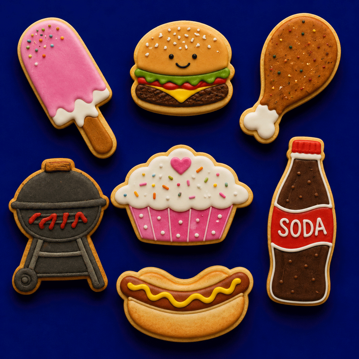 Cookies shaped like a pink ice cream pop, hamburger, chicken drumstick, grill, cupcake, hot dog, and soda bottle on a blue background from a  Set of Picnic Metal Cookie Cutters