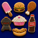 Cookies shaped like a pink ice cream pop, hamburger, chicken drumstick, grill, cupcake, hot dog, and soda bottle on a blue background from a  Set of Picnic Metal Cookie Cutters